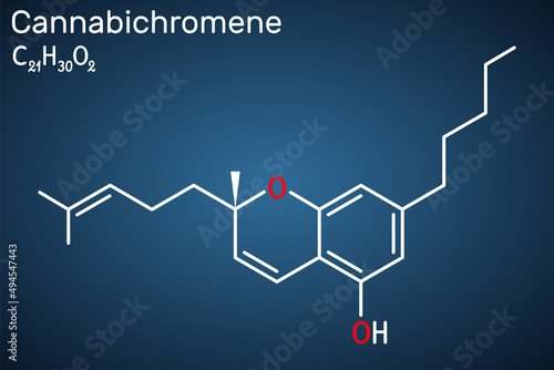 Cannabichromene, CBC molecule. It is phytocannabinoid found in Cannabis sativa and Helichrysum species. Structural chemical formula on the dark blue background