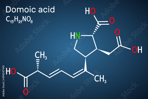 Domoic acid, DA neurotoxin molecule. It is analogue of kainic acid, produced by the diatomic algal Pseudo-nitzschia. Structural chemical formula on the dark blue background.