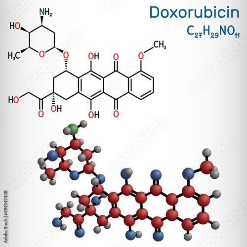Doxorubicin molecule. It is anthracycline antibiotic with antineoplastic activity, is a chemotherapy medication. Structural chemical formula and molecule model