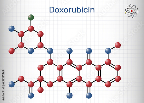 Doxorubicin molecule. It is anthracycline antibiotic with antineoplastic activity, is a chemotherapy medication. Molecule model. Sheet of paper in a cage.