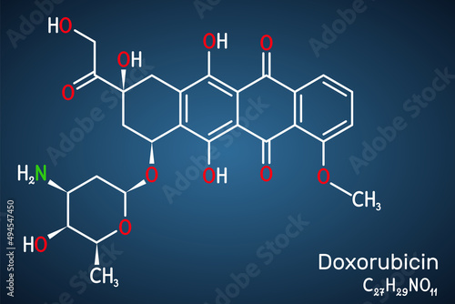 Doxorubicin molecule. It is anthracycline antibiotic with antineoplastic activity, is a chemotherapy medication. Structural chemical formula on the dark blue background