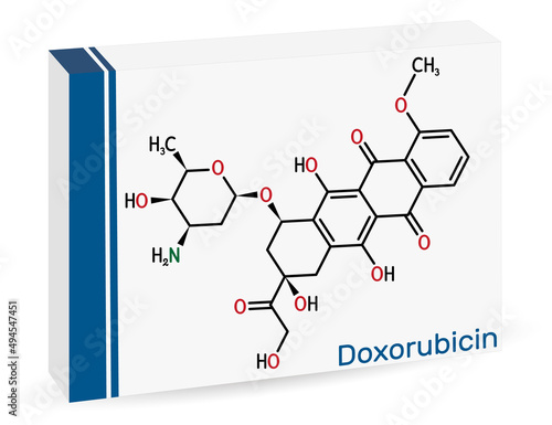 Doxorubicin molecule. It is anthracycline antibiotic with antineoplastic activity, is a chemotherapy medication. Skeletal chemical formula. Paper packaging for drugs. Vector illustration
