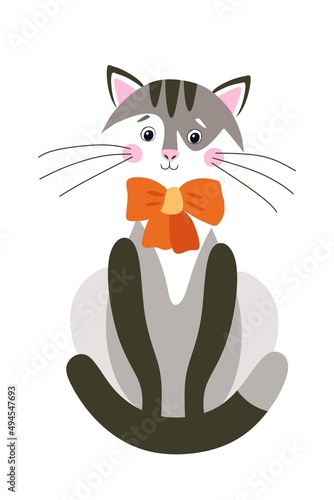 Сute cartoon gray and white cat with orange bow tied around her neck. Isolate...