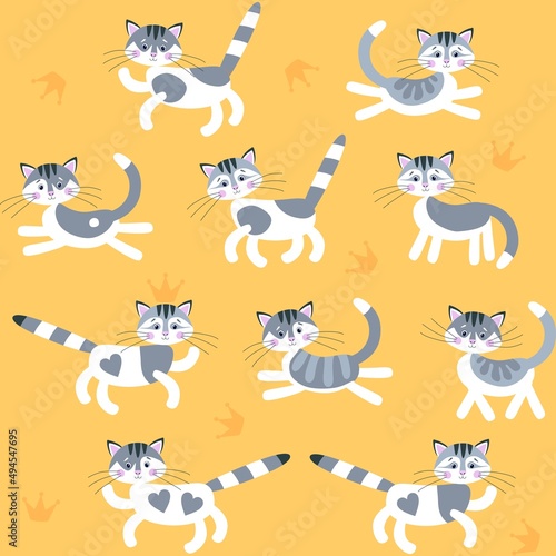 Cute cartoon gray-white cats and crowns isolated on warm yellow-orange background. Fairy tale print for kids. Fabric for clothes, wallpaper, pattern for bed linen. Symbols of Chinese New Year. 2023.
