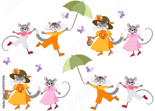 Beautiful endless animal print for kids with funny funny cats, mice, umbrellas and butterflies. Cute cartoon pattern for fabric, wallpaper.