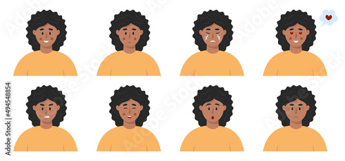 African American woman emotions avatars. Different facial expression set. Face icons. Vector illustration in flat style isolated on white background.