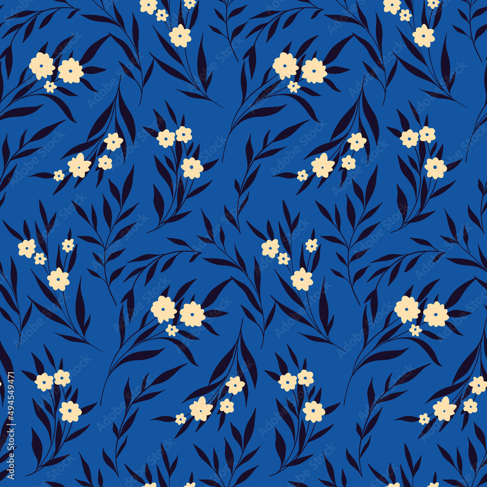 Cute floral print, winter botanical background with blue twigs, leaves, herbs, small white flowers. Seamless pattern, elegant botany surface with painted plants. Vector illustration. Cute floral print, winter botanical background with blue twigs, leaves, herbs, small white flowers. Seamless pattern, elegant botany surface with painted plants. Vector illustration.