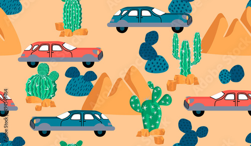 
Seamless repeat pattern with cars, cacti and rocks in cartoon. Desert landscape background and texture for printing on fabrics and paper.Hand drawn vector flat isolated illustration for kids apparel.