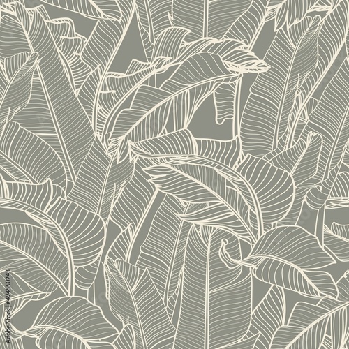 Seamless floral pattern with Tropical bananas leaves. Tropical leaves in retro style. Hand drawn olive color pattern. Line art. 