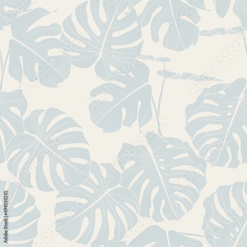 Seamless floral pattern with Tropical Monstera plant. Tropical leaves in retro style. Hand drawn pattern in blue and beige colors. Line art. 