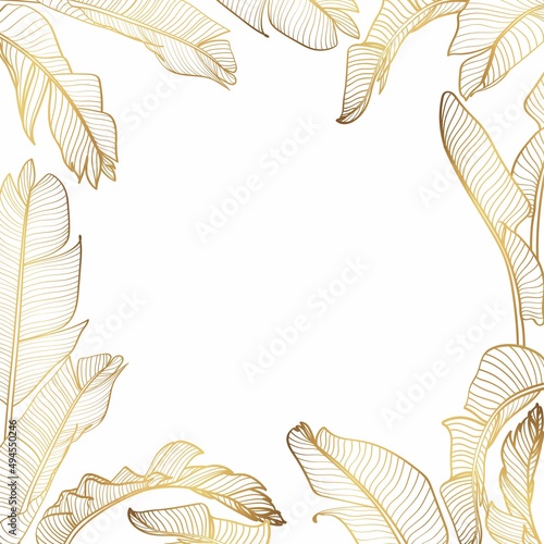 Golden summer tropical background. Palm bananas leaves, Botanical background design for wall framed prints, wall art, invitation, canvas prints, poster, home decor, cover, wallpaper.
