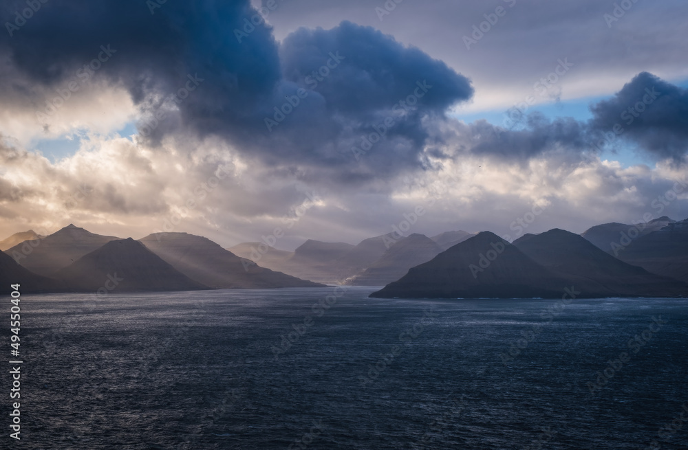 Europe, Faroe Islands, View from Kallur lighthouse off the cliffs on the northern end of the islands Eysteroy and Streymoy. November 2021 Europe, Faroe Islands, View from Kallur lighthouse off the cliffs on the northern end of the islands Eysteroy and Streymoy. November 2021