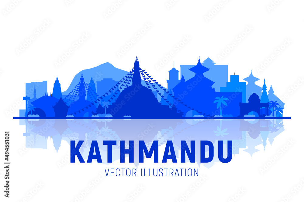 Kathmandu Nepal skyline with panorama in white background. Vector Illustration. Business travel and tourism concept with modern buildings. Image for banner or web site.