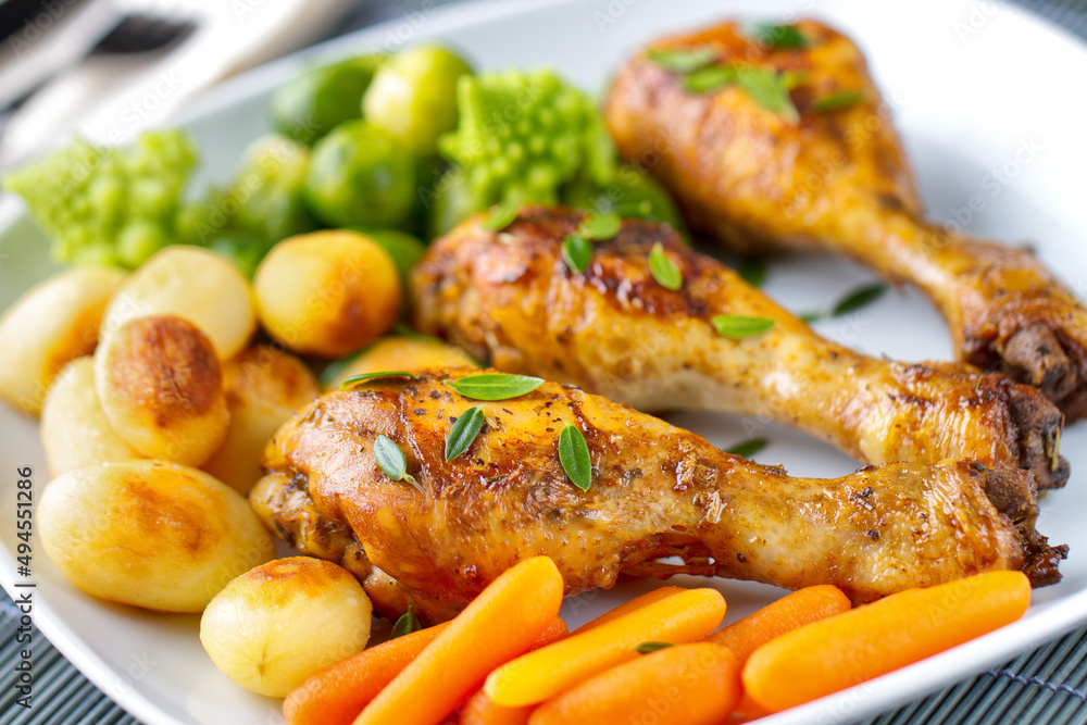Roast Chicken Thighs with Potatoes, Carrots, Broccoli and Brussels Sprouts Roast Chicken Thighs with Potatoes, Carrots, Broccoli and Brussels Sprouts