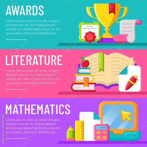 Back to school banner design template with colorful school supplies and text. Vector illustration