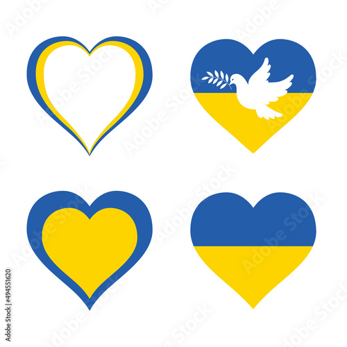 Set of hearts in blue and yellow colors of the flag of Ukraine. Vector illustration for your design.