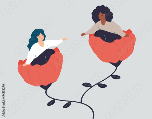Girl extends a helping hand to her friend. Black woman supports and cares a female adolescent with mental health disorders or psychological problems. Empathy, relationships and friendship concept.	
