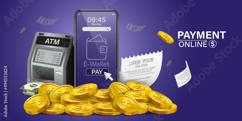 Using online money instead of cash. Fast and convenient mobile online transactions. Pay bills via mobile phone without using an ATM. Convenient and fast phone payment application. Vector illustration.