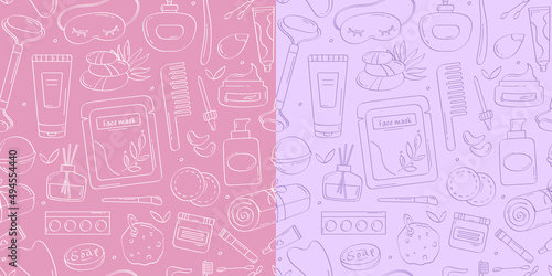 Skin care illustration. Vector seamless pattern of hand drawn hygiene beauty outline products with herbal creams, oil, face mask, makeup tools, towel, bath accessories. Natural organic cosmetics