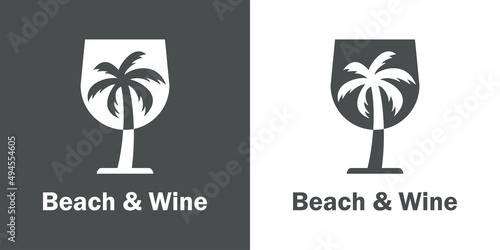Beach bar. Logotipo con texto Beach & Wine con silueta copa de vino con palmera en espacio negativo en fondo gris y fondo blanco
