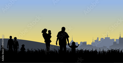 Young people with children on their way to the city vector illustration