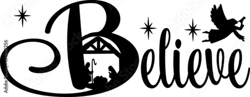 Word believe with Christmas illustrations isolated on a white background
