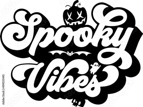Text 'spooky vibes' with Halloween themed doodles isolated on a white background
