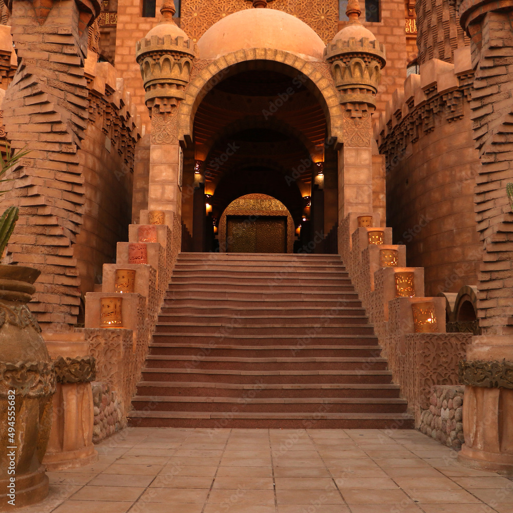 selective focus. large steps, staircase in the El Mustafa Mosque in the Old City of Egypt. Travel to Egypt concept. An ancient mosque in the tourist city of Sharm El Sheikh. High quality photo