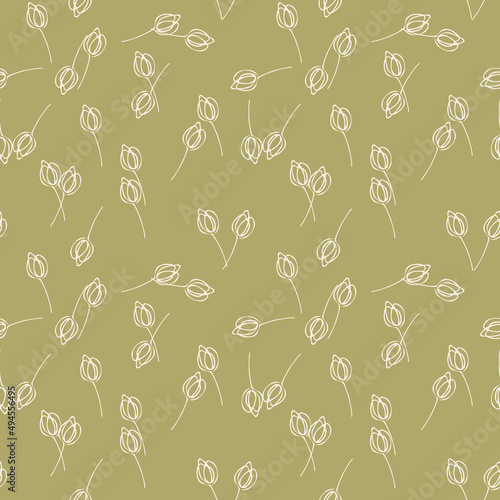 Simple seamless floral vector pattern with outline white tulips on an olive background. Abstract modern illustration. Ideal for wallpaper, gift paper, tiles, prints, textiles and other designs