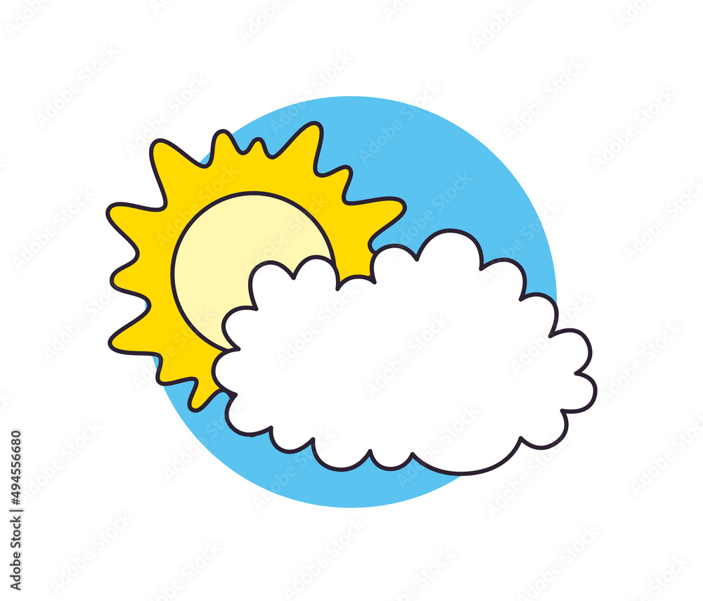 Sun and cloud cartoon vector icon, spring and summer sunny or overcast cloudy day weather forecast illustration. Sun and cloud cartoon vector icon, spring and summer sunny or overcast cloudy day weather forecast illustration.
