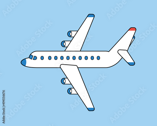White jet passenger airplane flying in a blue sky cartoon vector illustration