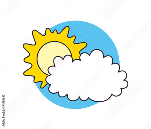 Sun and cloud cartoon vector icon, spring and summer sunny or overcast cloudy day weather forecast illustration.