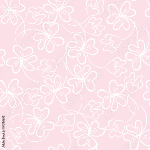 Simple vector floral seamless pattern. Abstract background with openwork scattered white flowers on a pale pink background. Elegant repeat design for decor, wallpaper, packaging, textile, print, tile