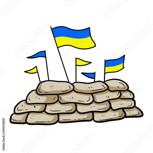 Barricades and sandbags. Military fortifications of Ukraine. National flag.