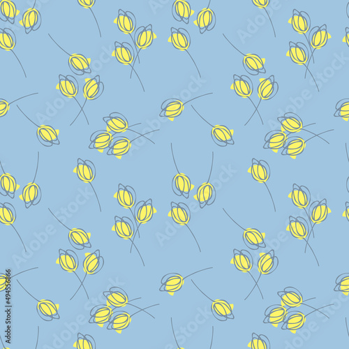 Beautiful floral texture. Abstract spring background with simple hand drawn yellow tulips on a blue background. Seamless, vector, elegant, repeat design for decor, fabric, wallpaper, wrapping paper