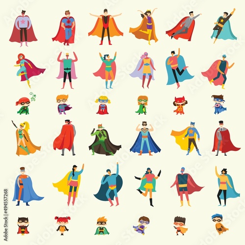 Vector illustrations in flat design of set of business , eco and classic Superheroes