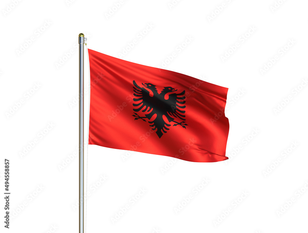 Albania national flag waving in isolated white background. Albania flag. 3D illustration Albania national flag waving in isolated white background. Albania flag. 3D illustration