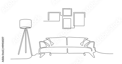 Continuous line interior with sofa, plant, lamp and frames for photo. One line drawing of Living room with modern furniture editable stroke. Single line. Handdraw contour. Flower in pot. Doodle vector