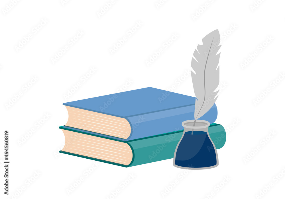 Vintage quill pen, inkwell and o book, symbols of retro writing, science and knowledge vector Illustration on a white background