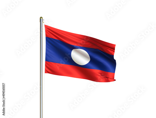Laos national flag waving in isolated white background. Laos flag. 3D illustration