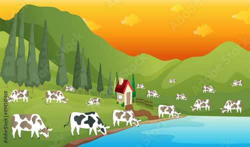 Herd of Cows eating grass and drinking water in a green field. Vector Illustration.