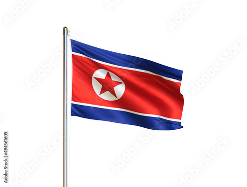 North Korea national flag waving in isolated white background. North Korea flag. 3D illustration