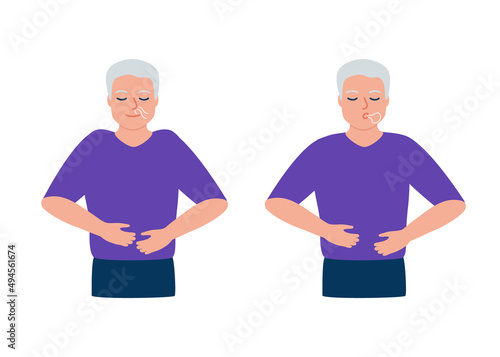 Senior man is doing breathing exercise, respiratory deep breath, exhale and inhale. Healthy yoga and relaxation for erderly. Vector illustration photo