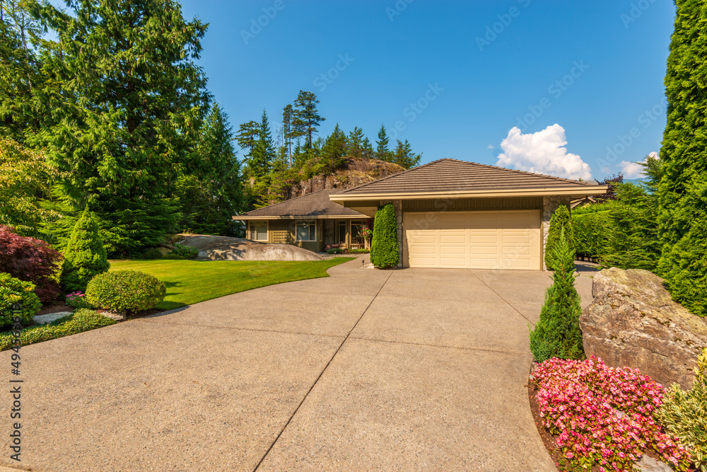 luxury house with garage door, big tree and nice spring blossom