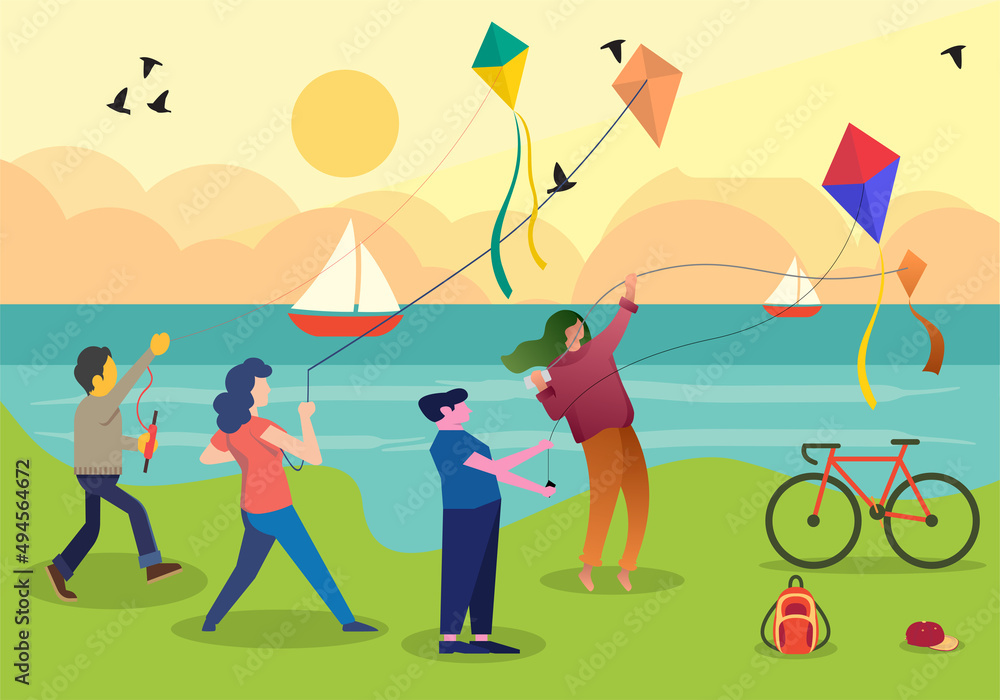 Young men and women kiting on seaside. Enjoy playful activity lifestyle. Spending free time of Summer vacation, outdoor recreational activities in open air. Vector illustration