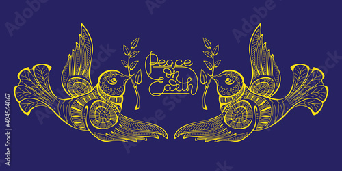 Two Doves of Peace with olive branch. Peace symbol. Vector.