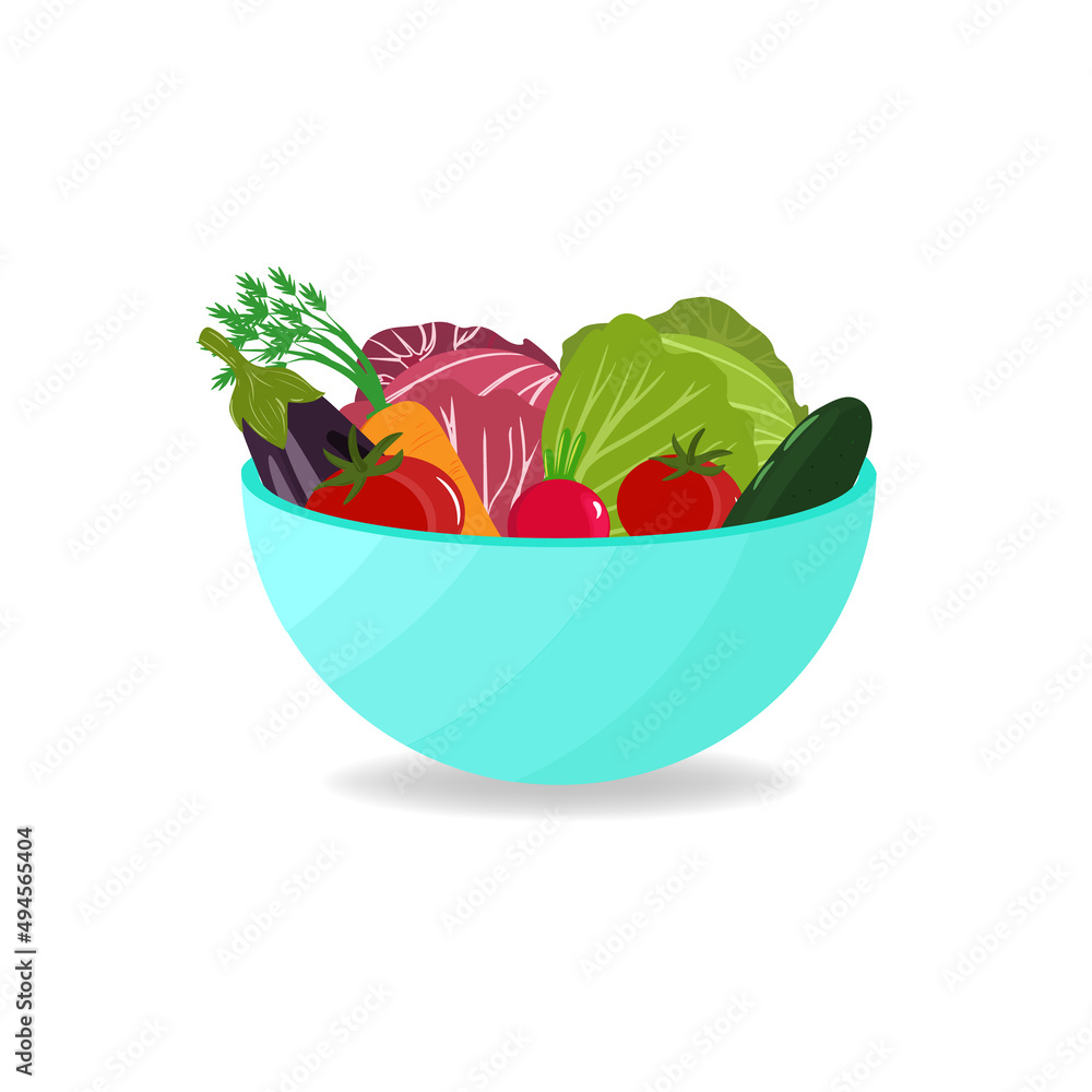 Vegan, vegetarian. Vector illustration. Vegetables on a plate. Healthy food concept