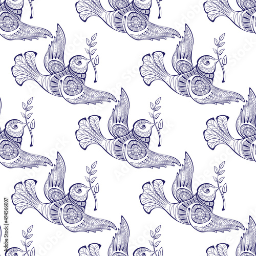 Dove of peace with olive branch. Seamless pattern. Vector illustration.