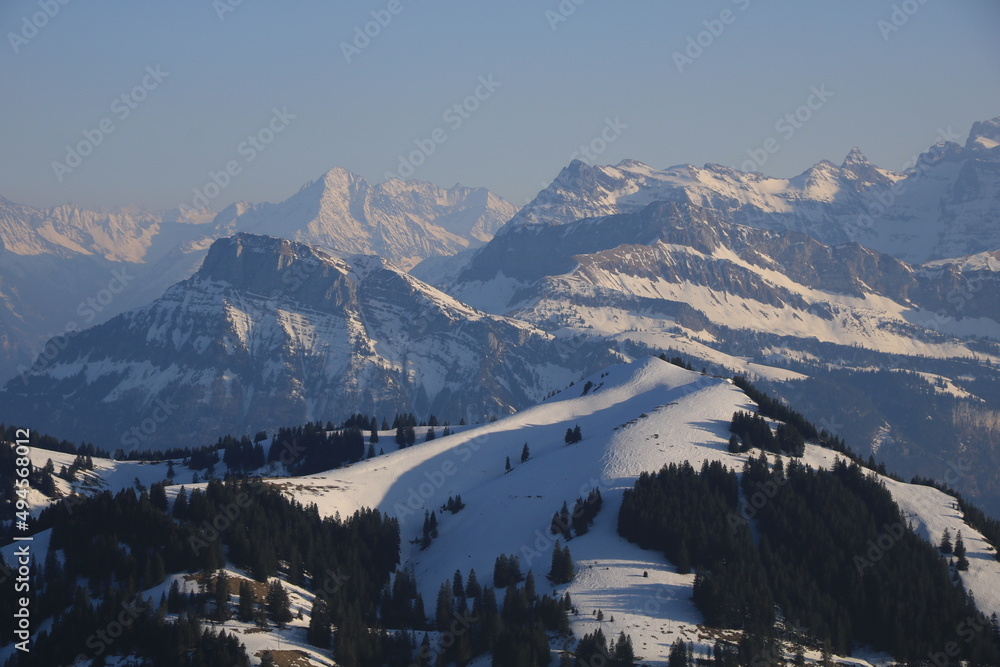 Mountain peaks in Schwyz Canton seen from Rigi Kulm.