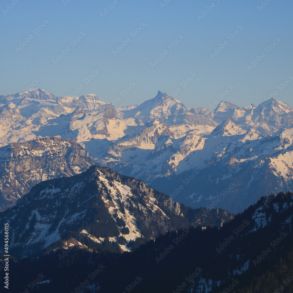 Alpstein Range and other high mountains seen from Mount Rigi, Switzerland.